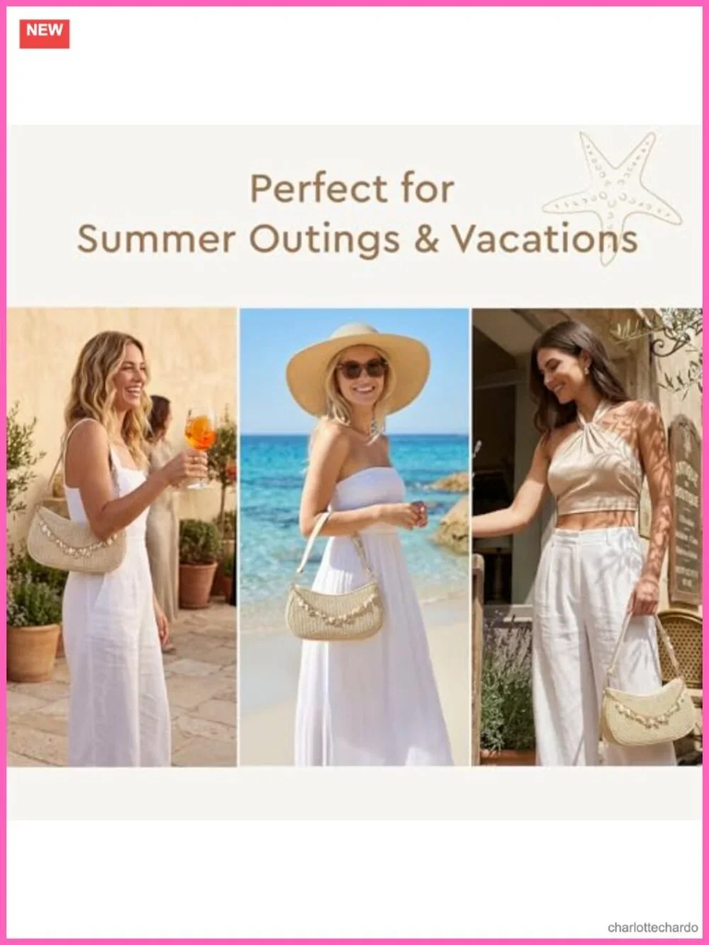 Raffia Woven Straw Shoulder Bag with Charm Chain Summer Beach Hobo Purse